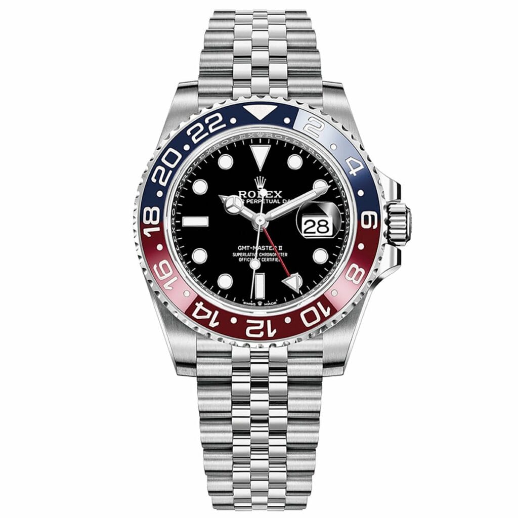 Une montre Rolex GMT Master II Pepsi avec un bracelet Jubilé et un cadran noir